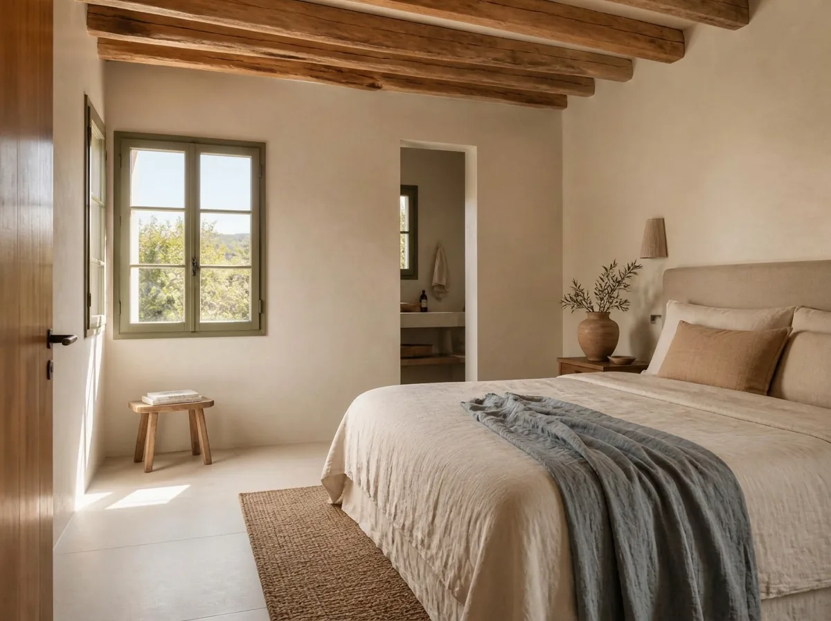 Habitación Tierra — Purissima House, Benissa Habitación Tierra en Purissima House: paleta terrosa en los textiles, alfombra de yute, cama de lino y vigas de madera natural