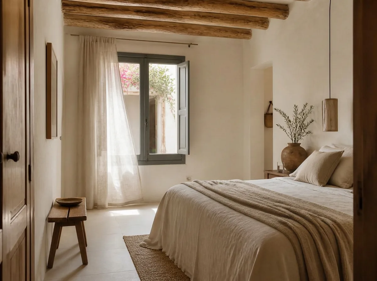 Habitación Brisa — Purissima House, Benissa Habitación Brisa en Purissima House: cortina de lino ondulando frente a una ventana gris cálido abierta al patio con buganvilla