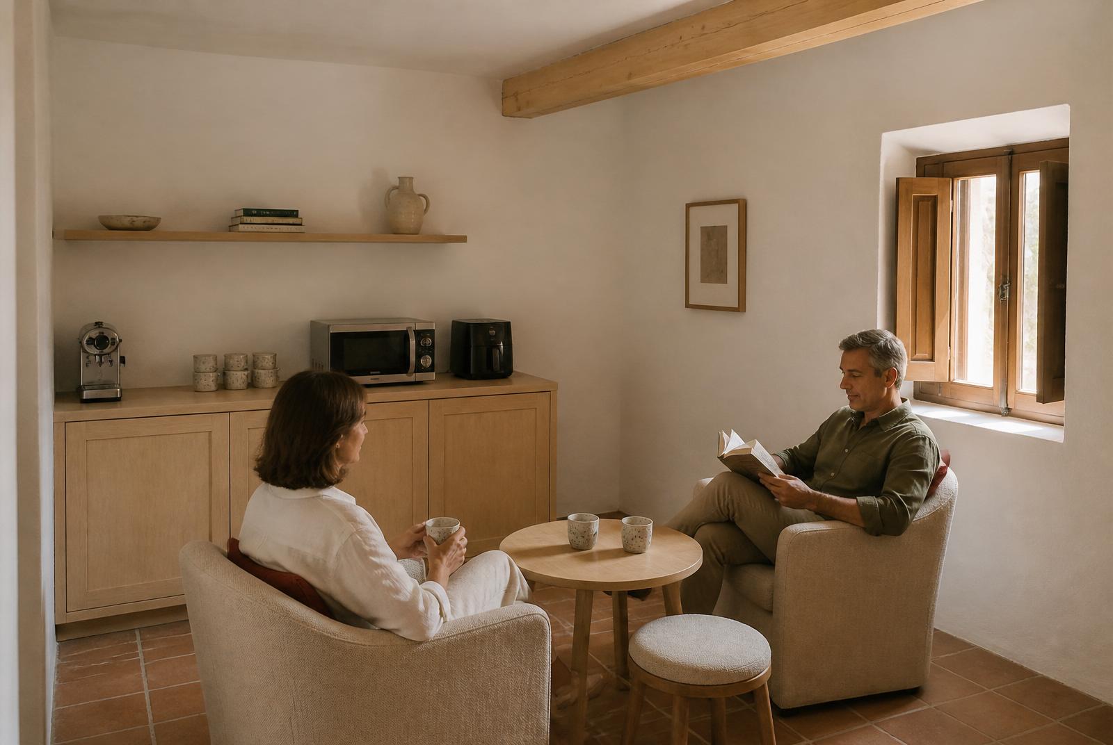 Salón compartido de la primera planta de Purissima House: sillones bajos de lino, biblioteca de madera y una discreta cocina seca integrada en un armario con microondas, cafetera y airfryer