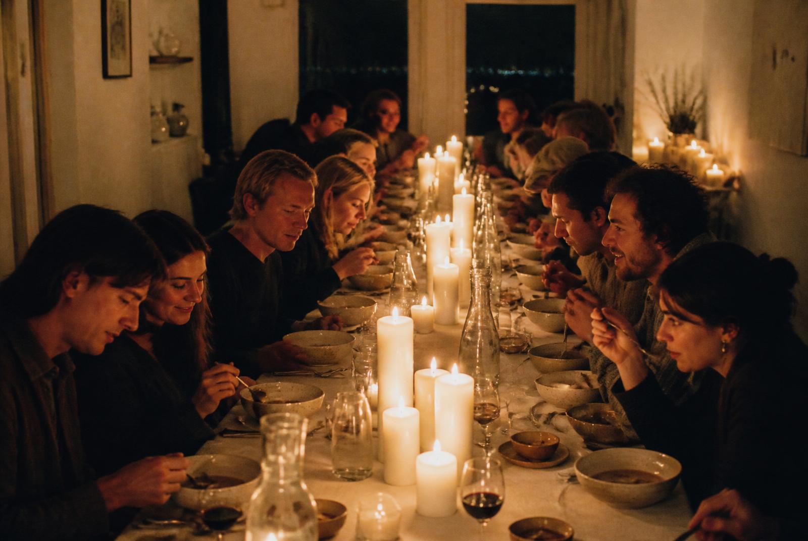 Cena privada a la luz de las velas en la sala del café de Purissima House: mesa larga con mantel de lino, decenas de velas blancas, cuencos de cerámica y comensales conversando en penumbra cálida