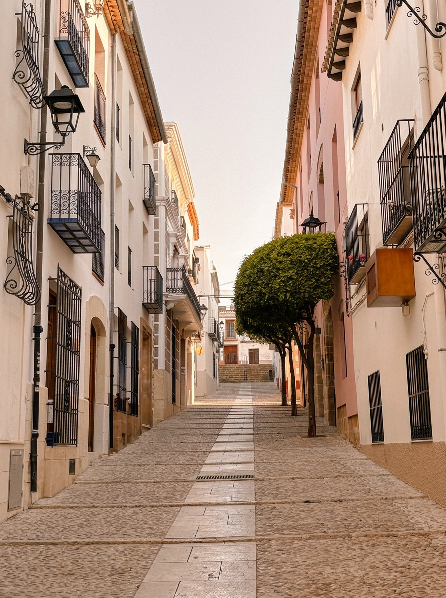 Calle empedrada del casco histórico de Benissa subiendo hacia el campanario, con buganvilla en flor